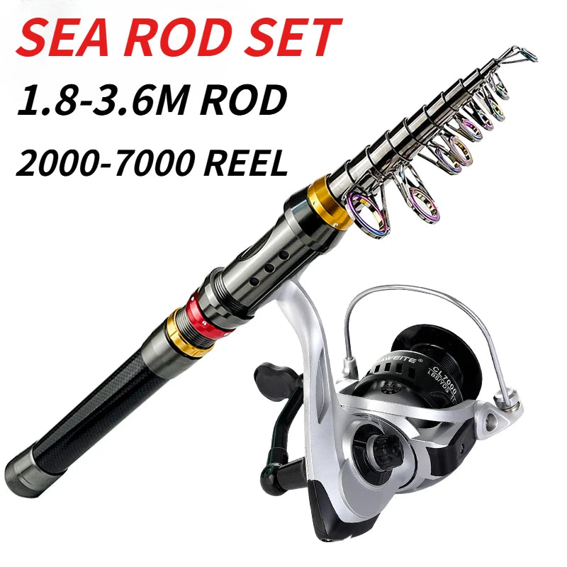 GHOTDA 1.8M-3.6M Superhard Telescopic Sea Fishing Rod and Spinning Reel 5.2:1 Gear Ratio Combo Max Drag 8kg Pesca for Bass Pike