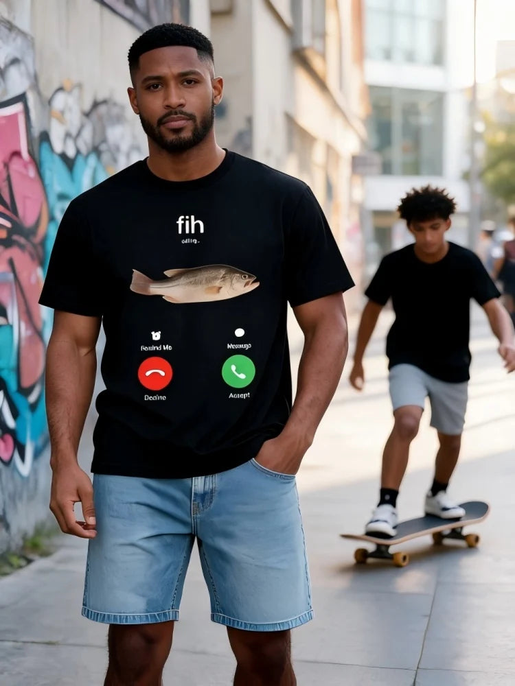 100% Cotton Fih Calling Remind Me Message Decline Accept Phone Call Fish Fit Casual Streetwear Men Gifts Flower Print Classic Crew Neck Short Sleeves Regular Fit Breathable Stylish Graphic T-Shirt