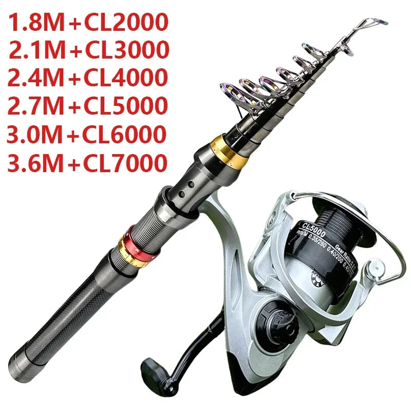 GHOTDA 1.8M-3.6M Superhard Telescopic Sea Fishing Rod and Spinning Reel 5.2:1 Gear Ratio Combo Max Drag 8kg Pesca for Bass Pike