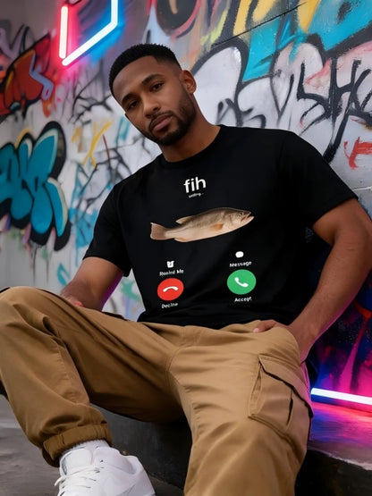 100% Cotton Fih Calling Remind Me Message Decline Accept Phone Call Fish Fit Casual Streetwear Men Gifts Flower Print Classic Crew Neck Short Sleeves Regular Fit Breathable Stylish Graphic T-Shirt